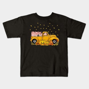 Yellow Car Truck Pigs And Pumpkins Halloween Kids T-Shirt